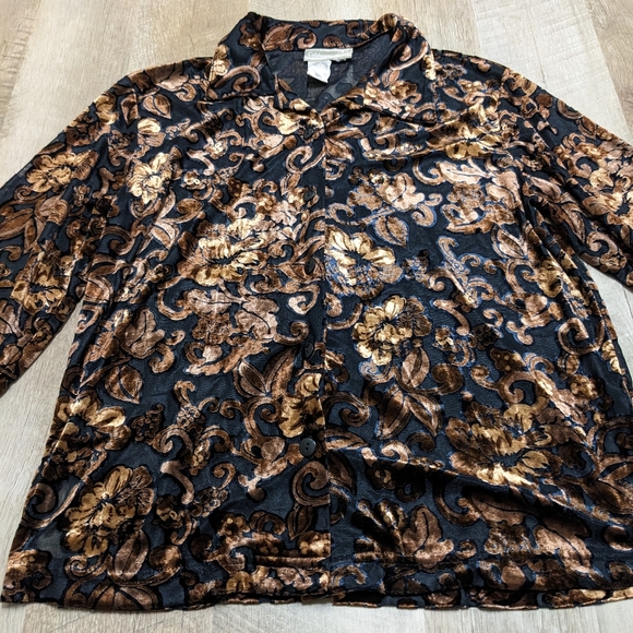 Vintage Coldwater Creek Black & Gold Velvet Long Sleeve Button Down Shirt Sheer - Picture 2 of 7